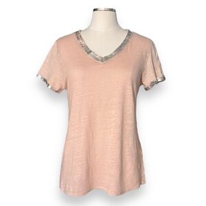 FLORA ASHLEY LINEN Blend V Neck Top Metallic Details